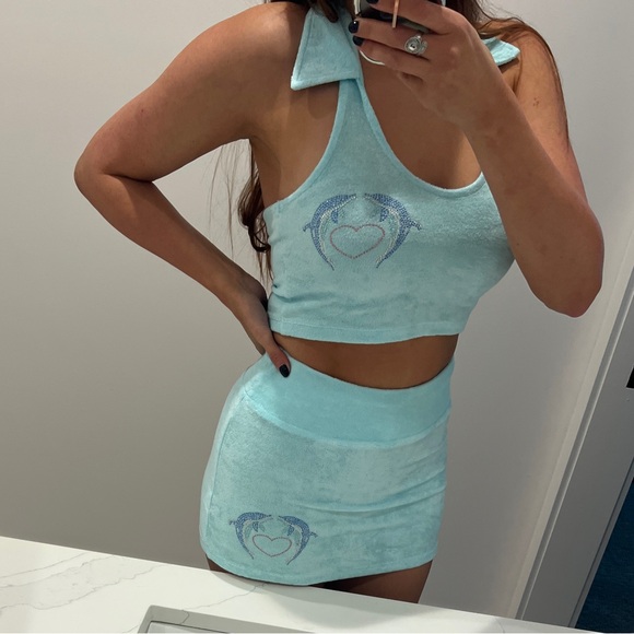 ASYOU Terrycloth Mini Skirt + Halter Crop with Dolphin Graphic Hot Fix in Blue - Picture 8 of 16